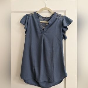 Women's Notch V-Neck Short Sleeve Casual Chiffon Lace Tunic Blouse